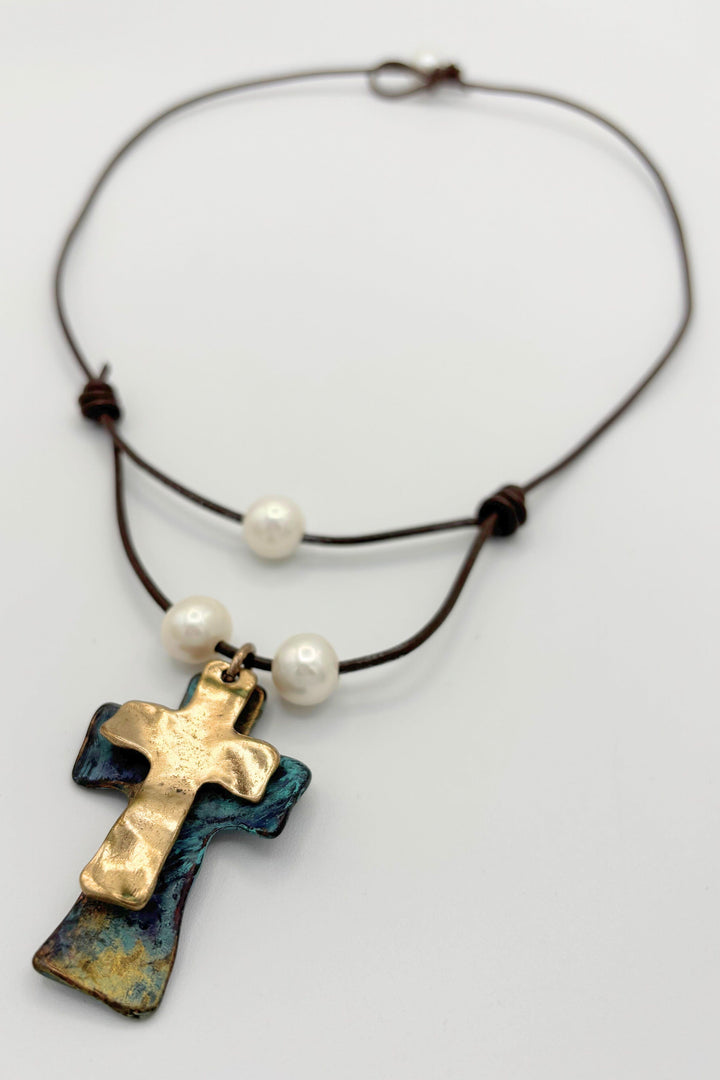Handmade Leather Cord Necklace with Pearls and Crosses