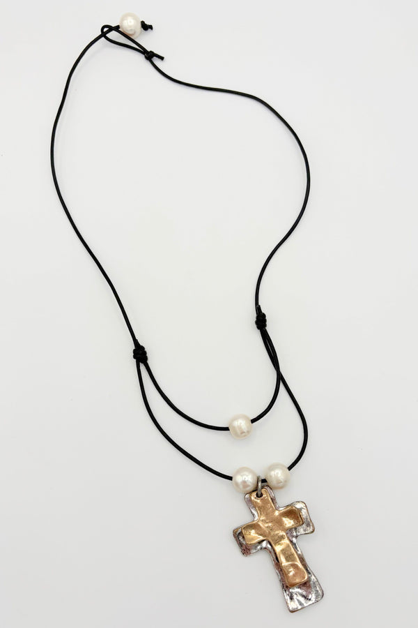 Handmade Leather Cord Necklace with Pearls and Crosses