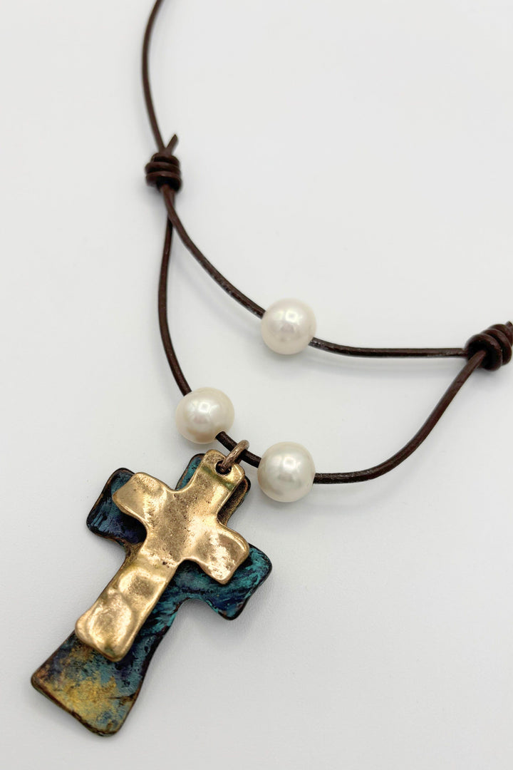 Handmade Leather Cord Necklace with Pearls and Crosses