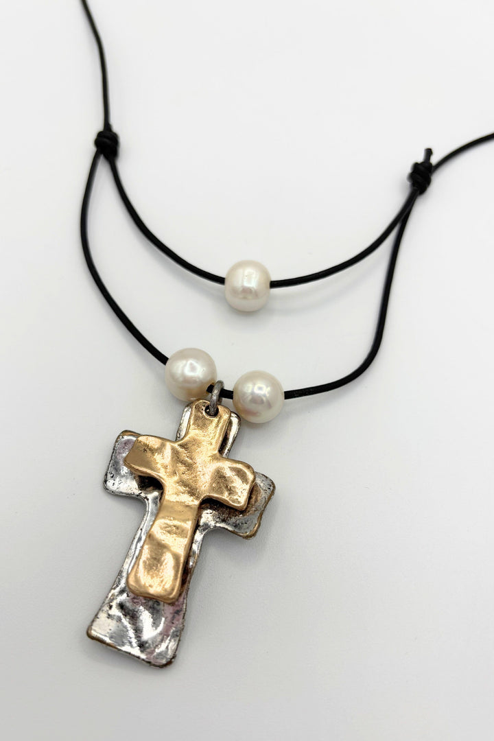 Handmade Leather Cord Necklace with Pearls and Crosses