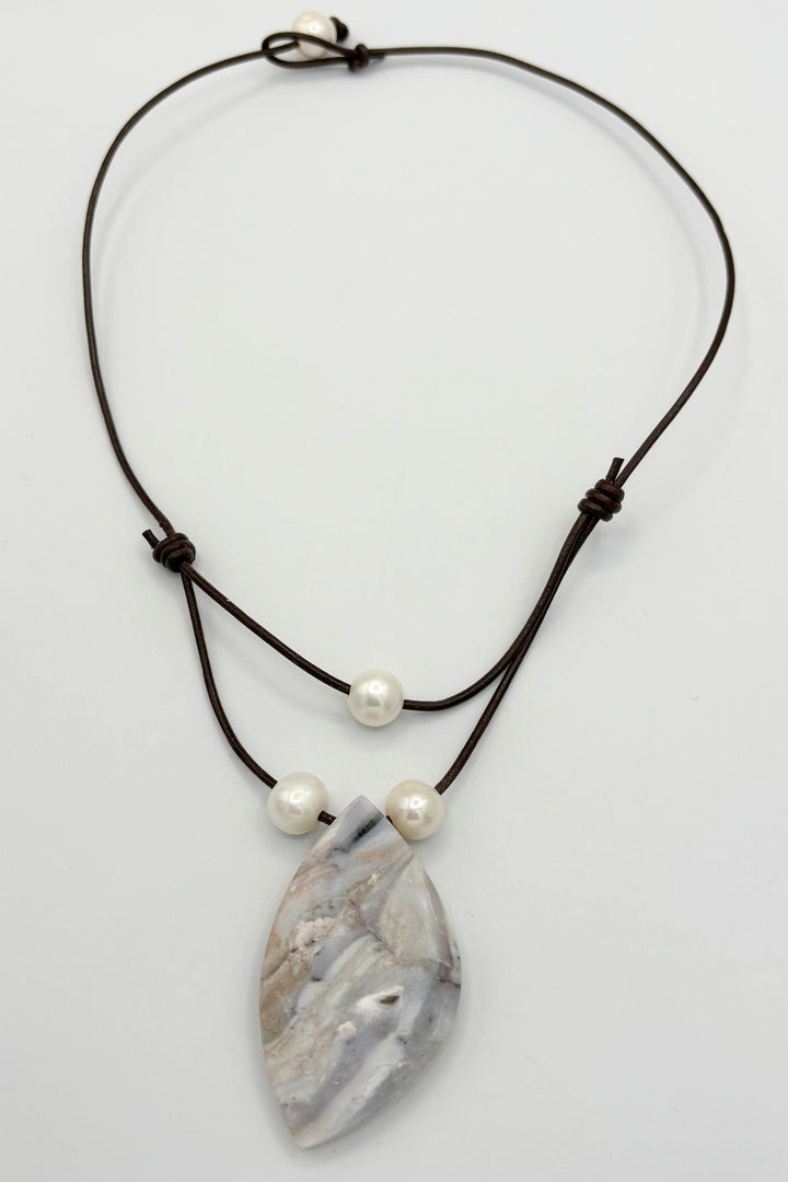 Handmade Leather Cord Necklace with Stone Pendant and Pearls