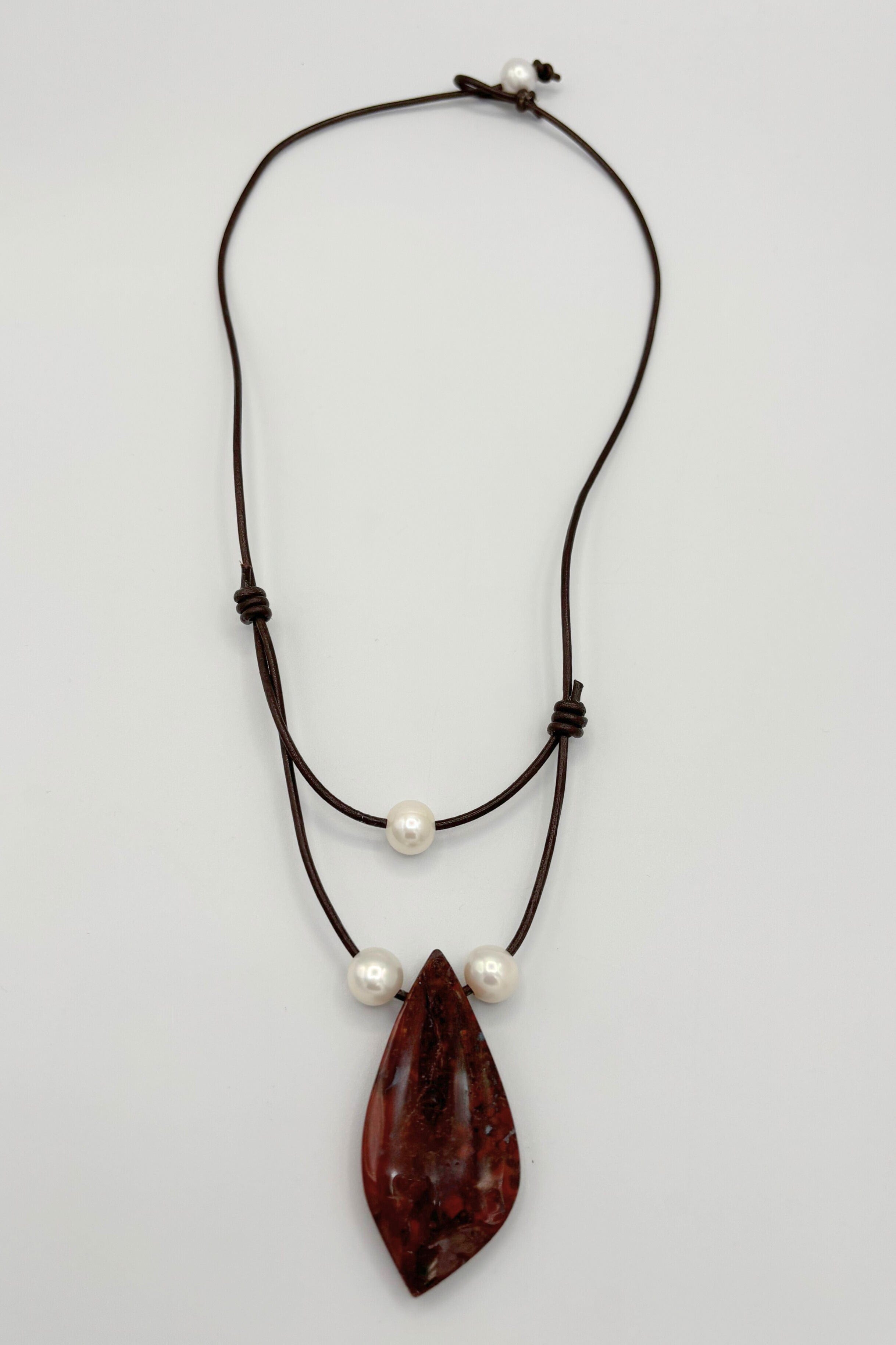 Handmade Leather Cord Necklace with Stone Pendant and Pearls
