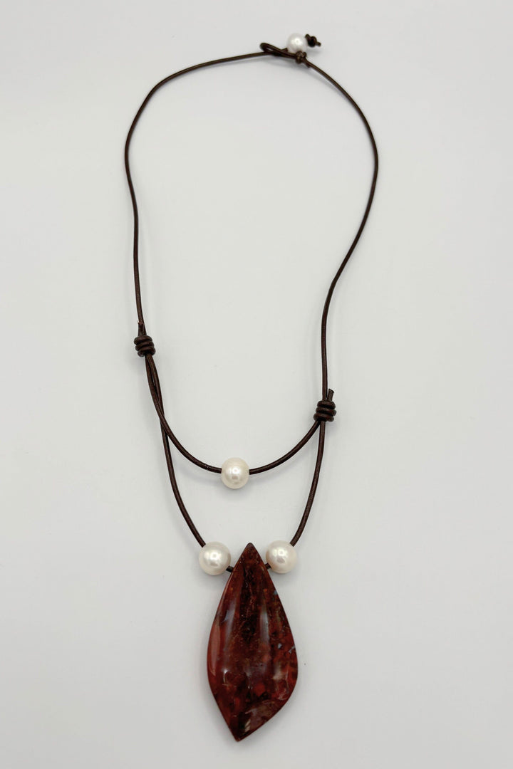 Handmade Leather Cord Necklace with Stone Pendant and Pearls