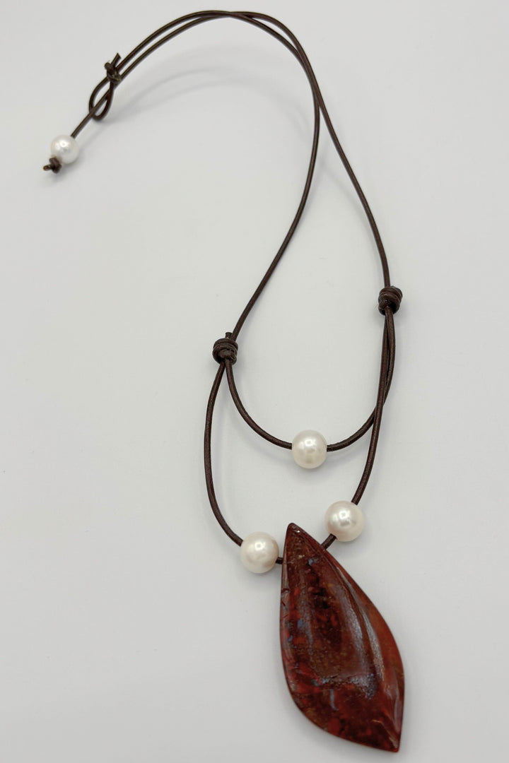 Handmade Leather Cord Necklace with Stone Pendant and Pearls