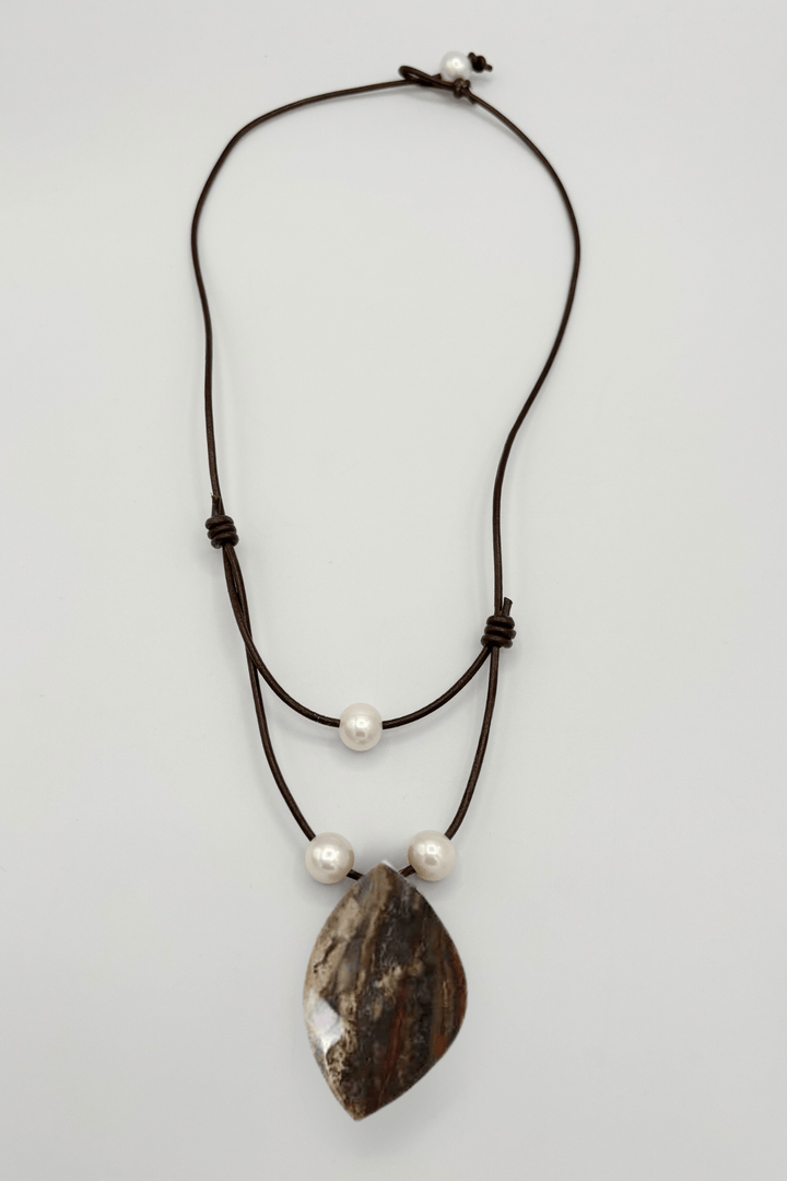 Handmade Leather Cord Necklace with Stone Pendant and Pearls