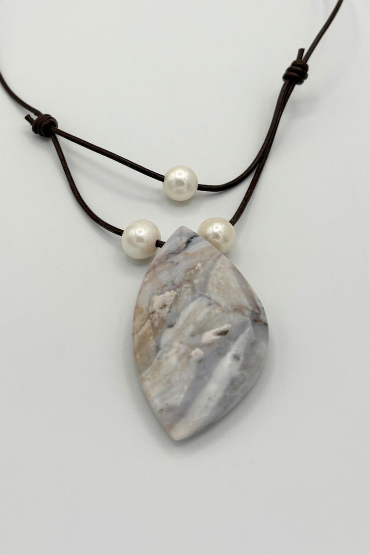 Handmade Leather Cord Necklace with Stone Pendant and Pearls