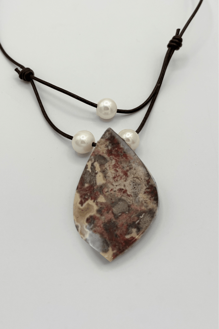 Handmade Leather Cord Necklace with Stone Pendant and Pearls