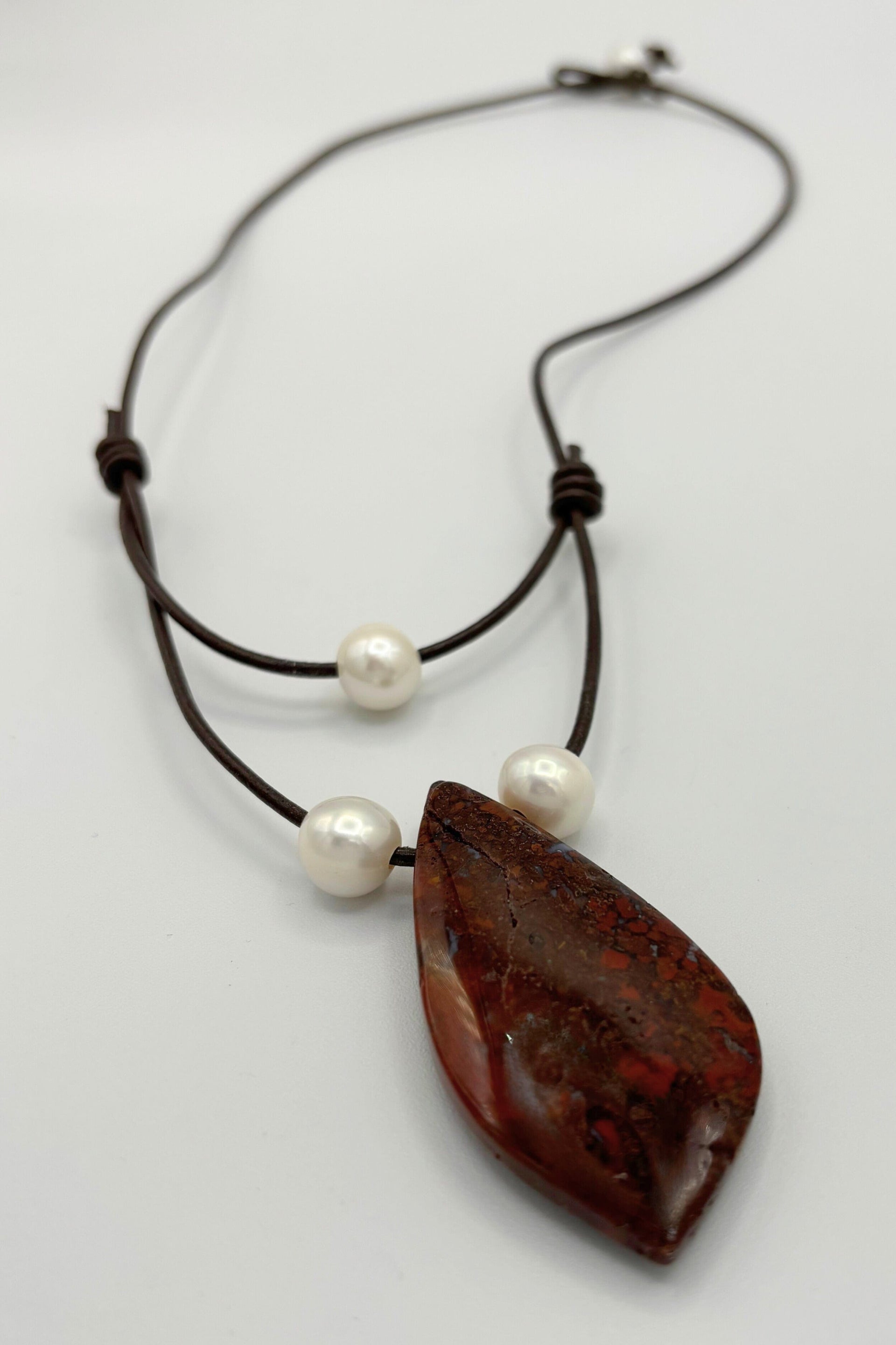 Handmade Leather Cord Necklace with Stone Pendant and Pearls