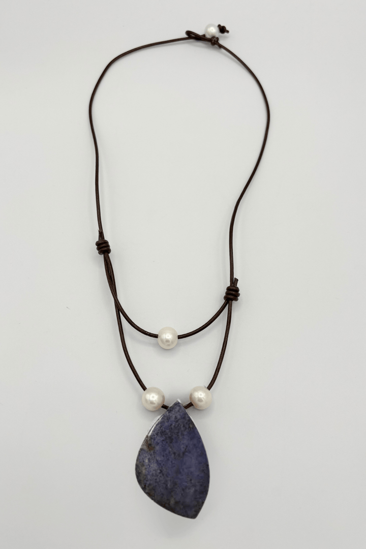 Handmade Leather Cord Necklace with Stone Pendant and Pearls Handmade Leather Cord Necklace with Stone Pendant and Pearls