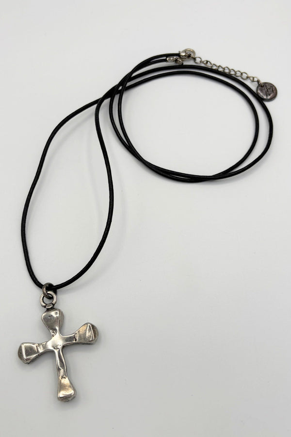 Handmade Long Leather Cord Necklace With Silver Cross Pendant