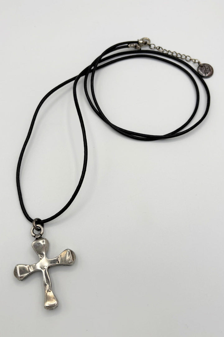 Handmade Long Leather Cord Necklace With Silver Cross Pendant