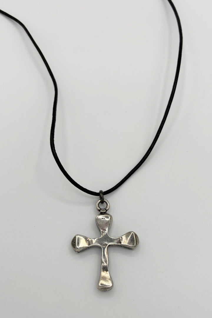 Handmade Long Leather Cord Necklace With Silver Cross Pendant