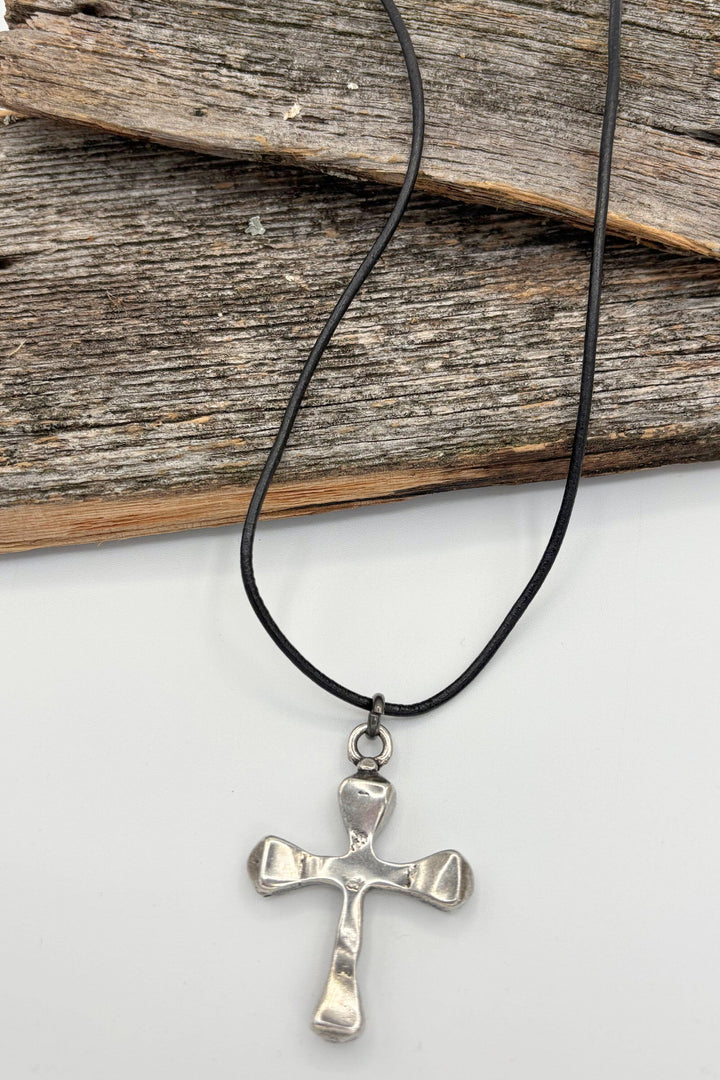 Handmade Long Leather Cord Necklace With Silver Cross Pendant
