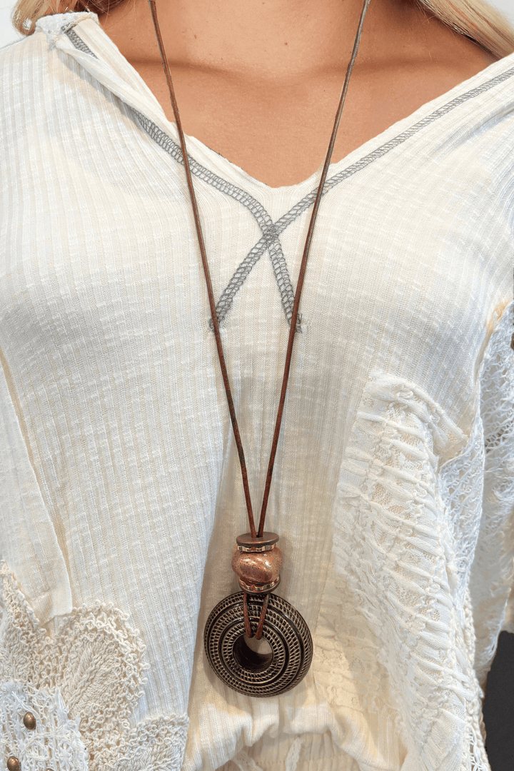 Handmade Long Leather Necklace with Vintage Bead Pendants