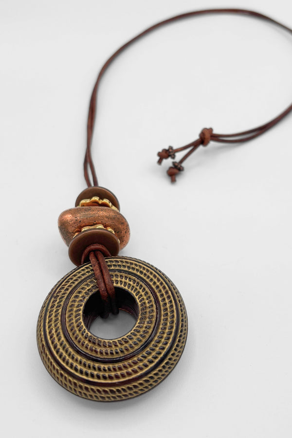 Handmade Long Leather Necklace with Vintage Bead Pendants