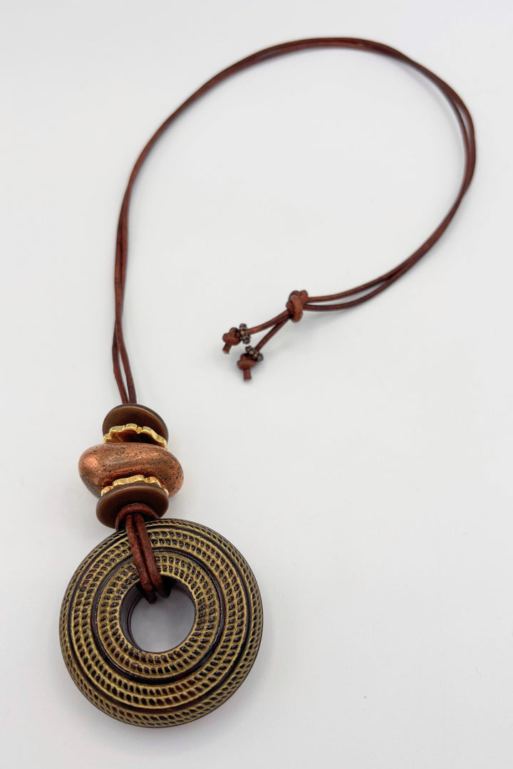 Handmade Long Leather Necklace with Vintage Bead Pendants