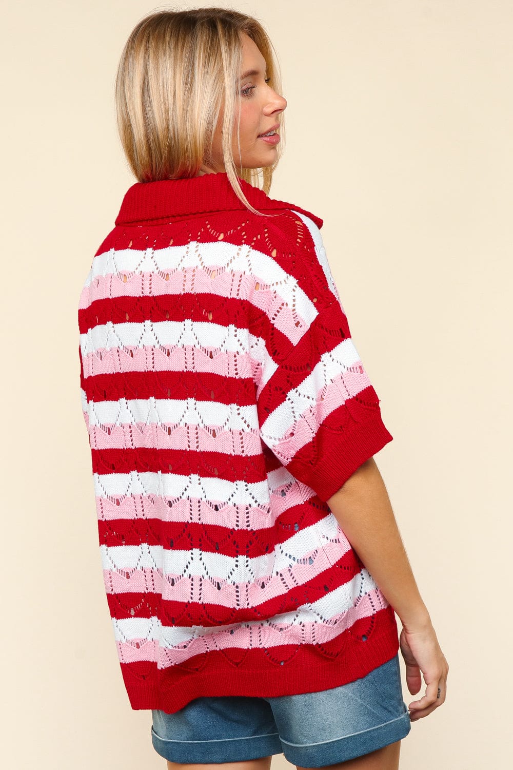 Haptics Collared Notch Neck Short Sleeve Striped Sweater Top