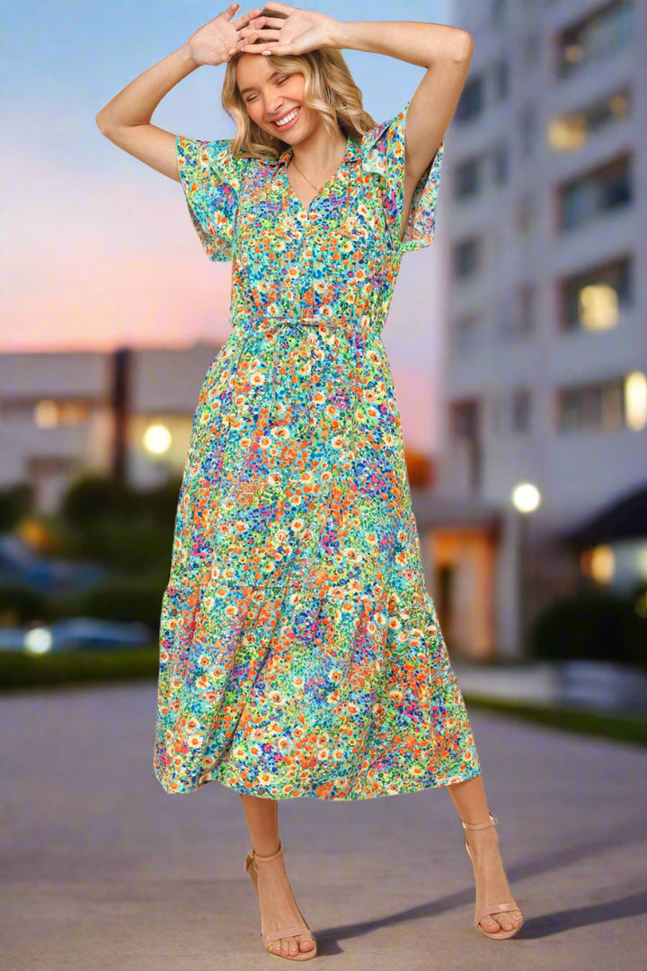 Haptics Double Ruffle Short Sleeve Elastic Drawstring Waist Floral Dress