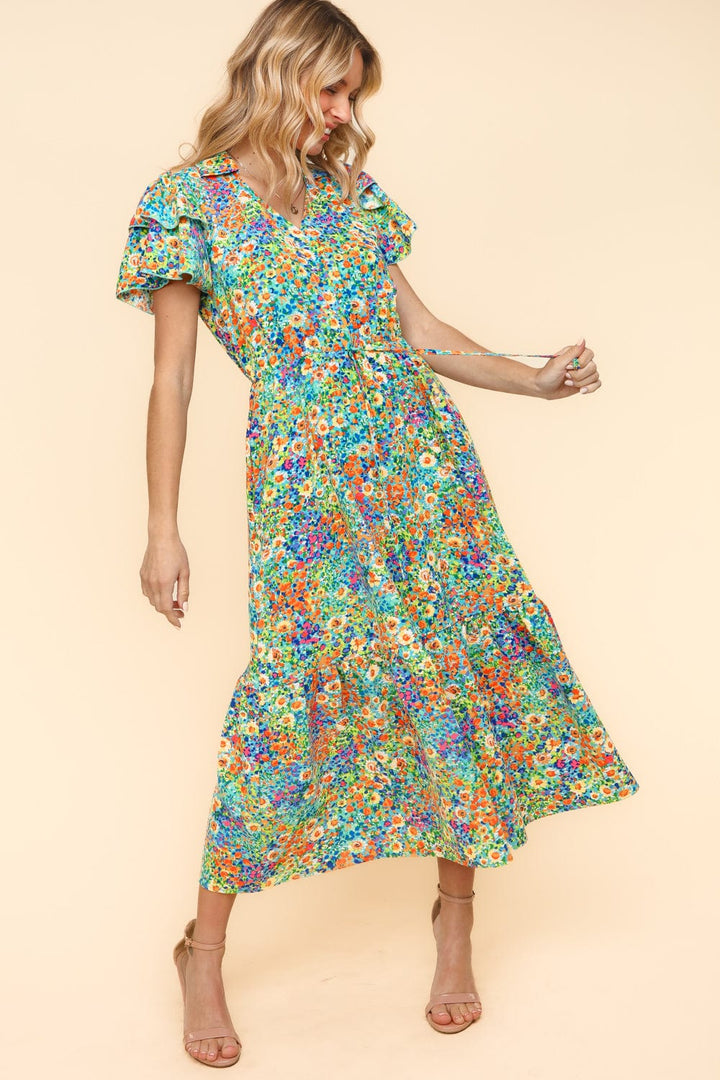 Haptics Double Ruffle Short Sleeve Elastic Drawstring Waist Floral Dress