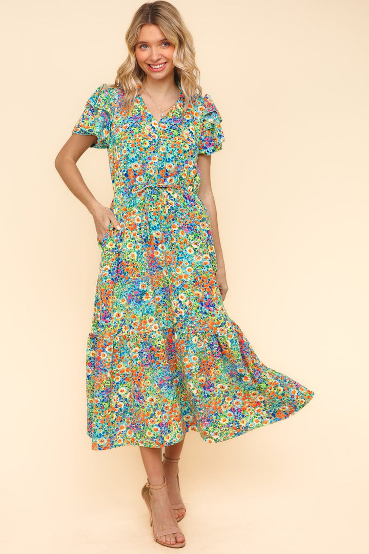 Haptics Double Ruffle Short Sleeve Elastic Drawstring Waist Floral Dress