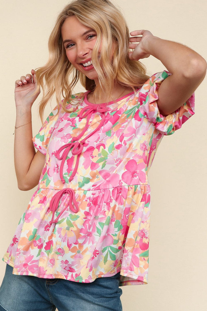 Haptics Front Tie Babydoll Puff Sleeve Floral Print Top