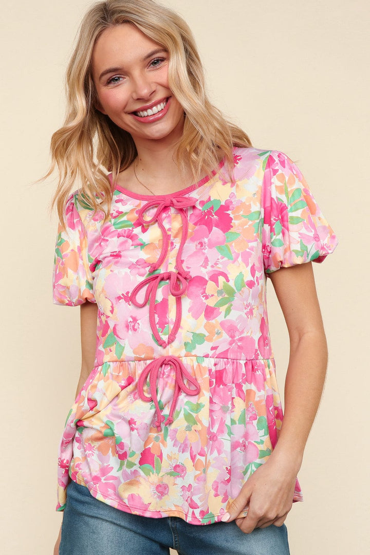 Haptics Front Tie Babydoll Puff Sleeve Floral Print Top