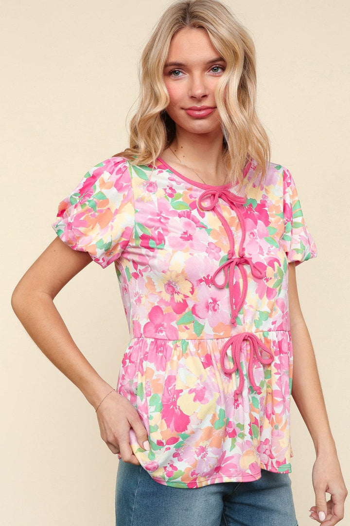 Haptics Front Tie Babydoll Puff Sleeve Floral Print Top