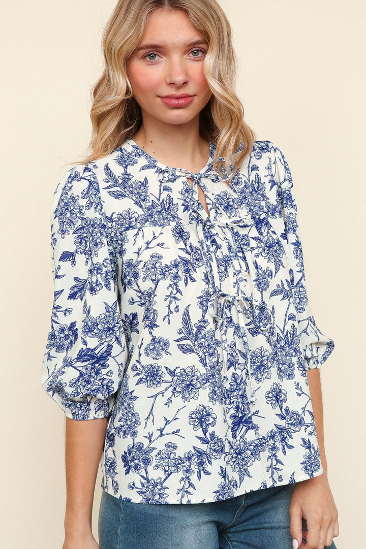 Haptics Front Tie Detailed Yoke 3/4 Sleeve Floral Print Woven Blouse Top