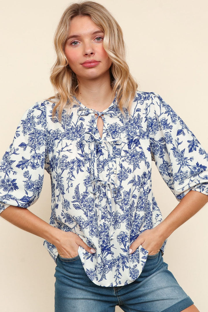 Haptics Front Tie Detailed Yoke 3/4 Sleeve Floral Print Woven Blouse Top