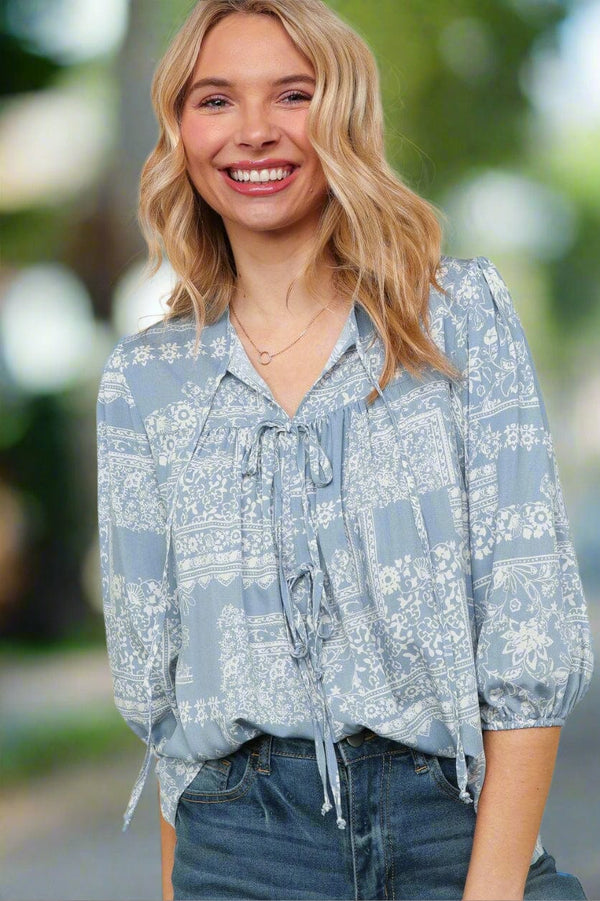 Haptics Front Tie Detailed Yoke 3/4 Sleeve Floral Print Woven Blouse Top