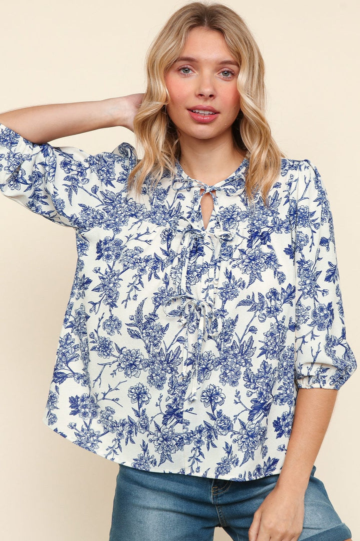 Haptics Front Tie Detailed Yoke 3/4 Sleeve Floral Print Woven Blouse Top