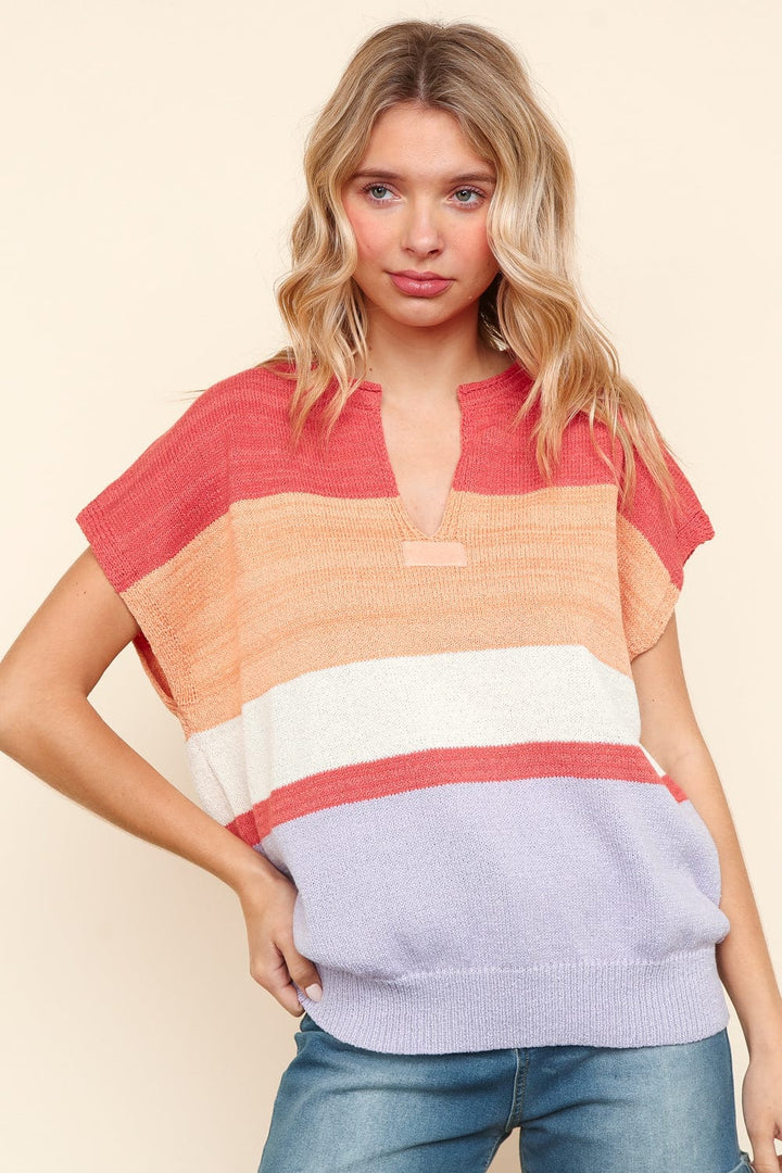 Haptics Patch Drop Shoulder Dolman Short Sleeve Multi Color Striped Top