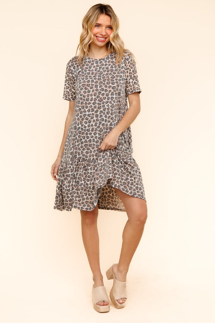 Haptics Short Sleeve Cheetah Print Back Ribbon Tie Peplum Style Mid-Length Dress