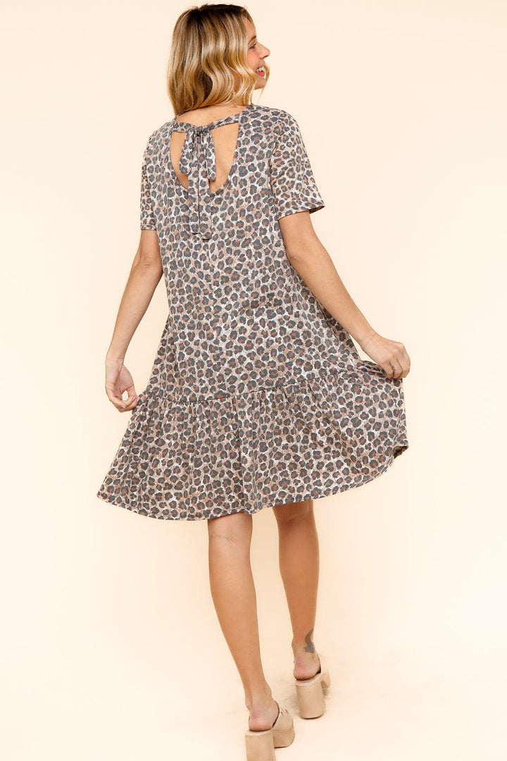 Haptics Short Sleeve Cheetah Print Back Ribbon Tie Peplum Style Mid-Length Dress