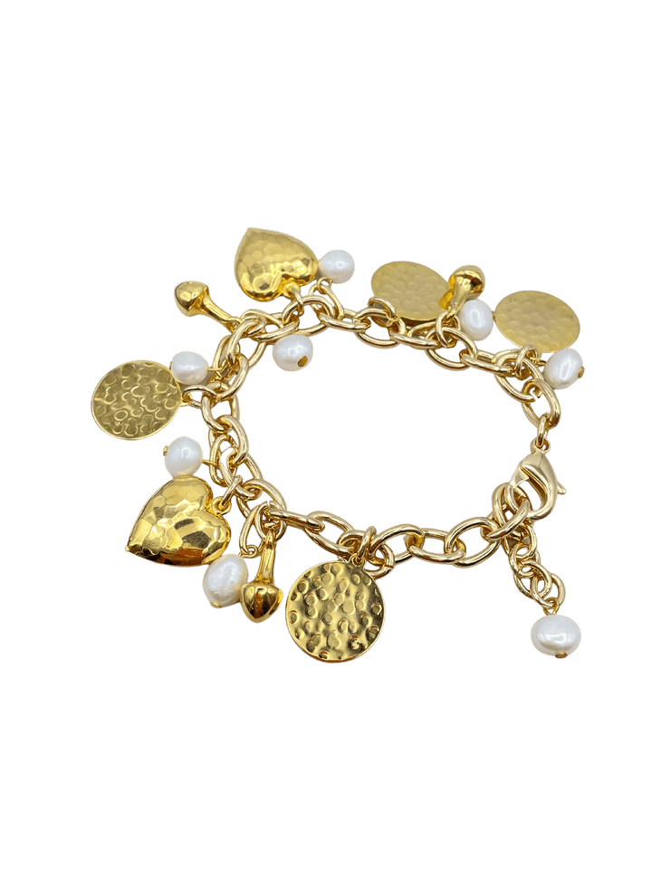 Hearts and Gold Disc Bracelet with Freshwater Pearls