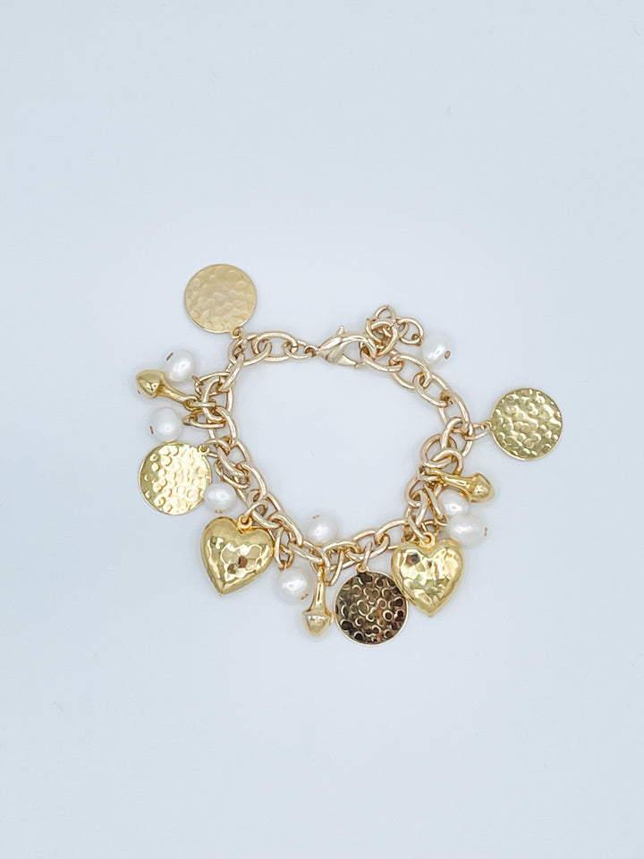 Hearts and Gold Disc Bracelet with Freshwater Pearls