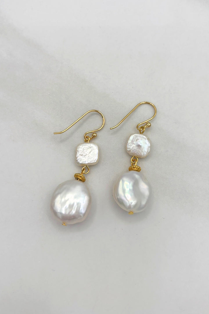 Hebe Square and Circle Biwa Pearl Dangle Earrings