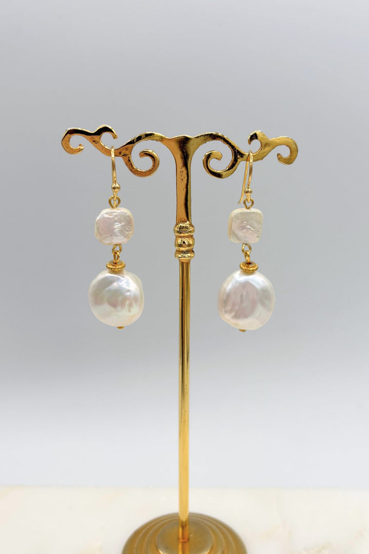 Hebe Square and Circle Biwa Pearl Dangle Earrings