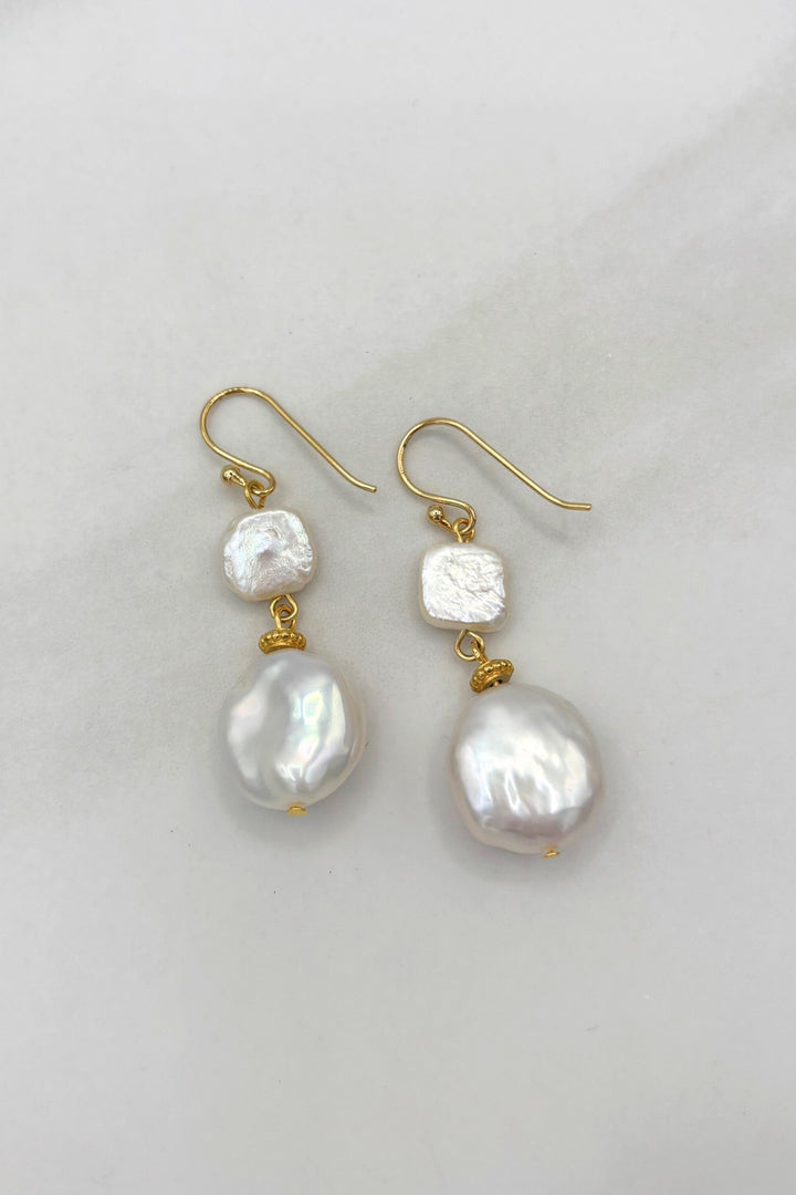 Hebe Square and Circle Biwa Pearl Dangle Earrings