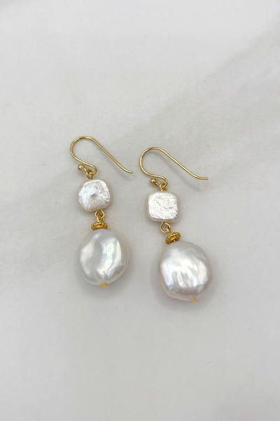 Hebe Square and Circle Biwa Pearl Dangle Earrings