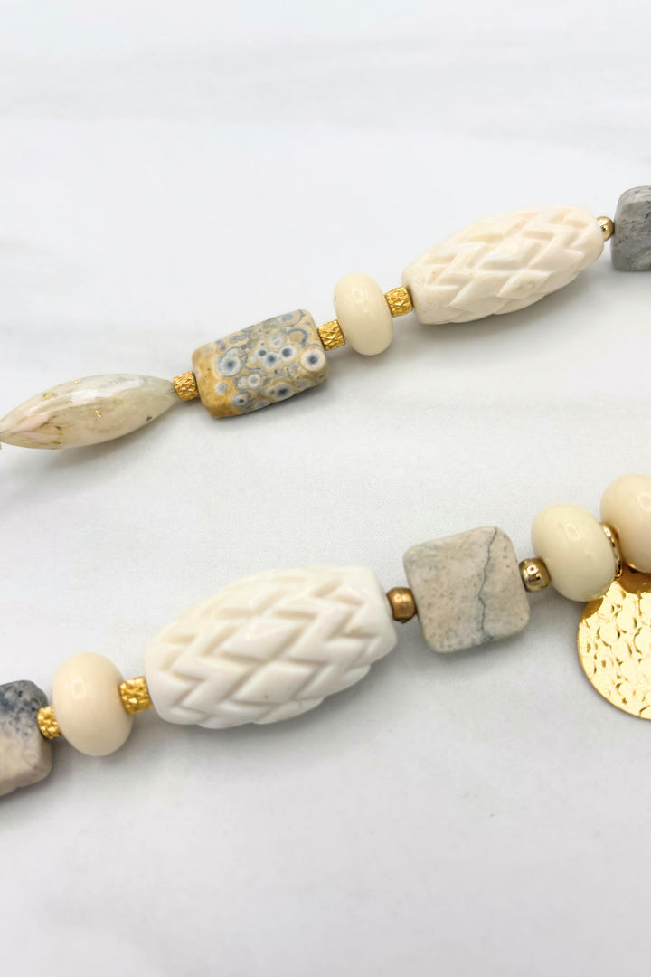 Helena Elegant Mixed Stone and Hammered Gold Disks Necklace