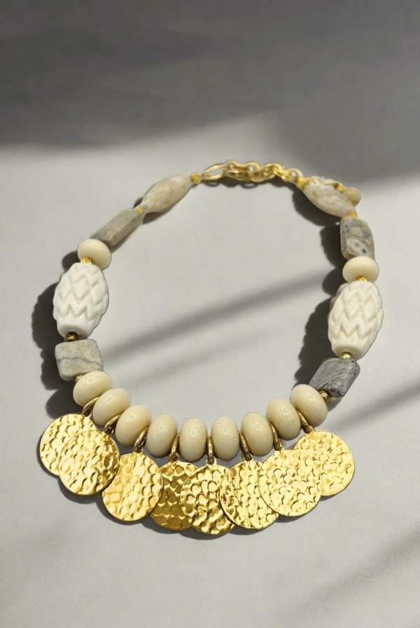 Helena Elegant Mixed Stone and Hammered Gold Disks Necklace