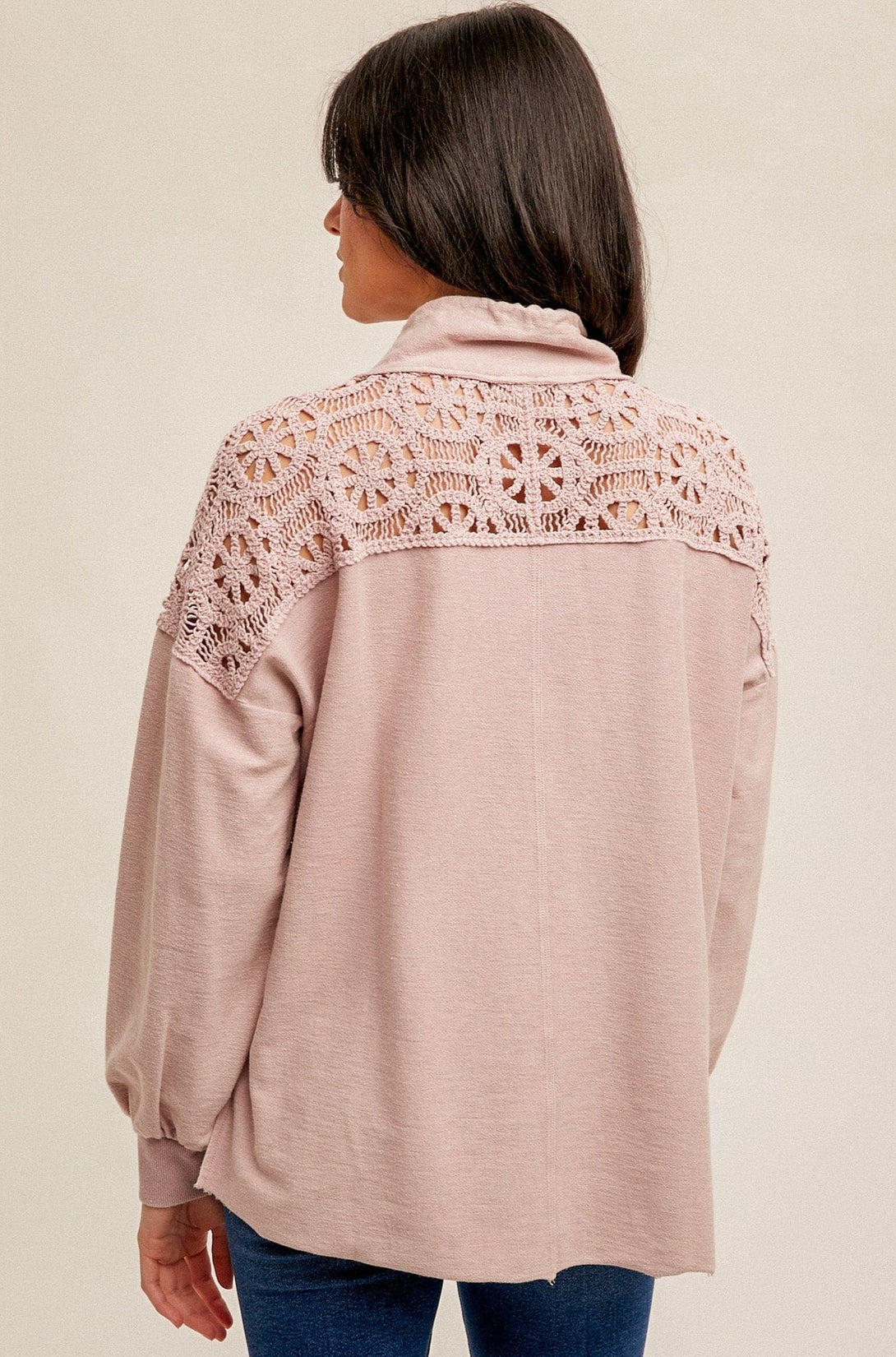 Hem & Thread Crochet Lace Contrast French Terry Pullover