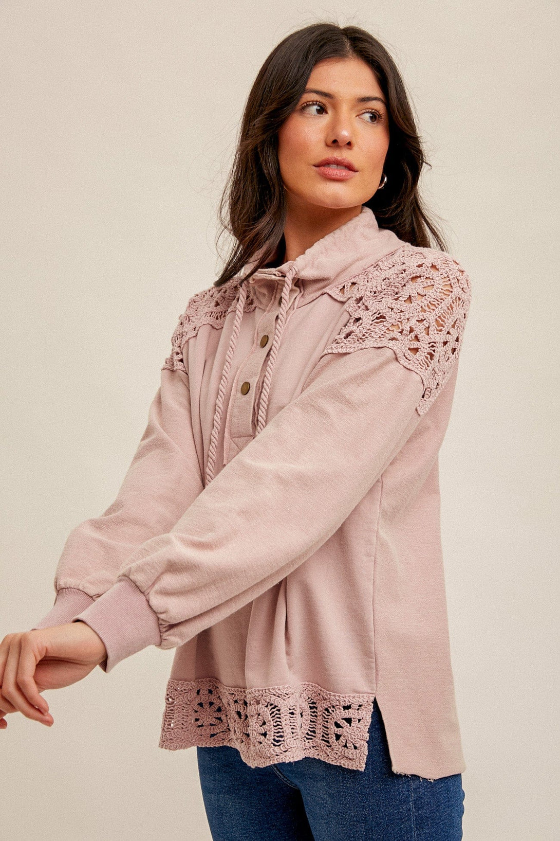 Hem & Thread Crochet Lace Contrast French Terry Pullover