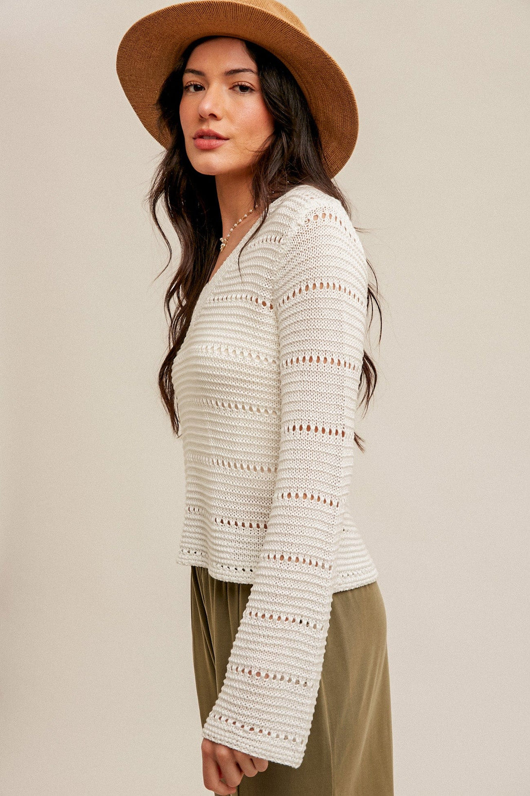 Hem & Thread Crochet V-neck Wide Sleeve Sweater