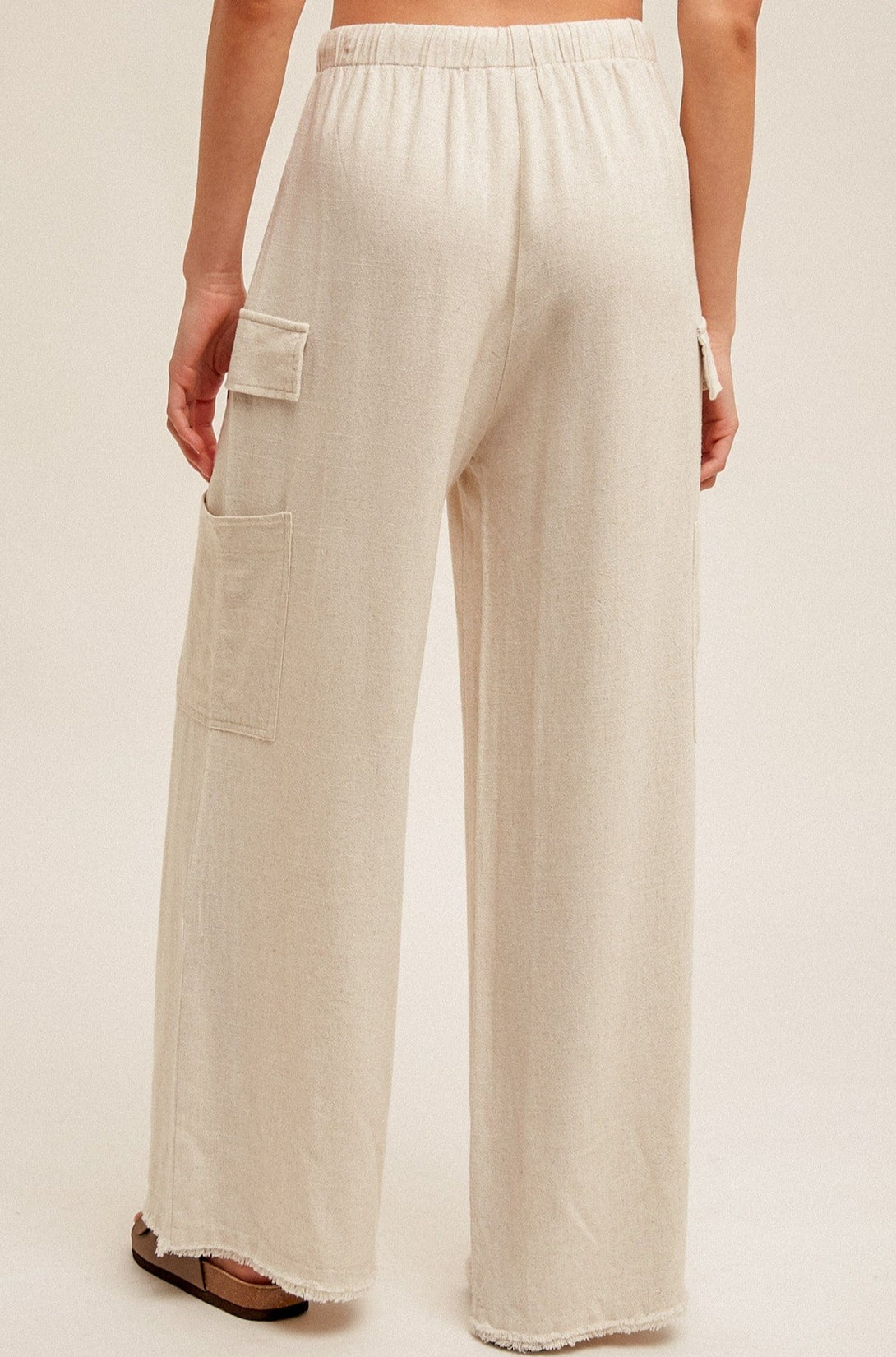 Hem & Thread Elasticized Waist Fringe Hem Cargo Style Linen Pants