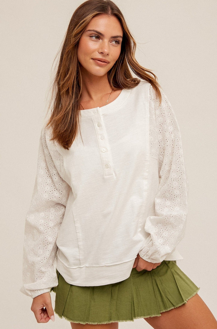 Hem & Thread Eyelet Contrast Terry Snap Button Pullover