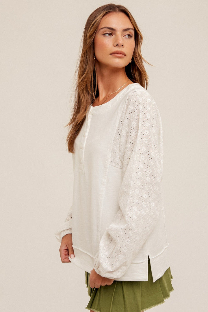 Hem & Thread Eyelet Contrast Terry Snap Button Pullover