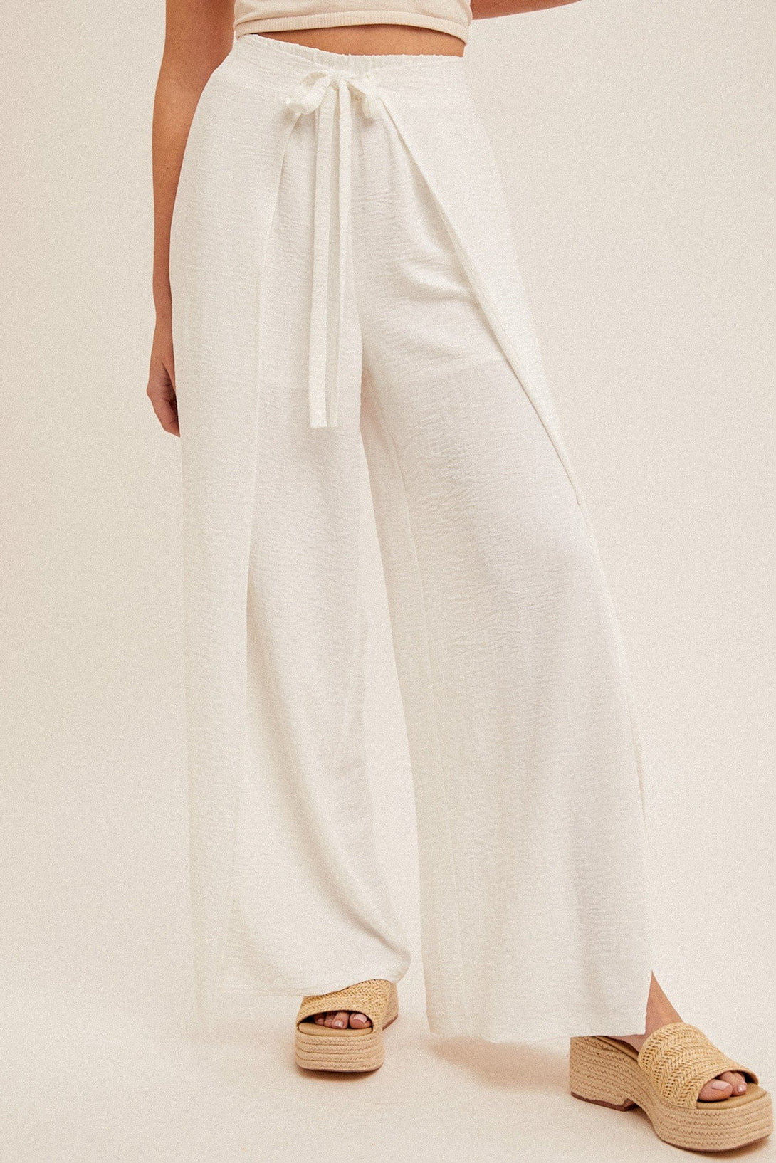 Hem & Thread Overlapping Wrap Front Self-Tie and Elastic Waist Wide Leg Pants