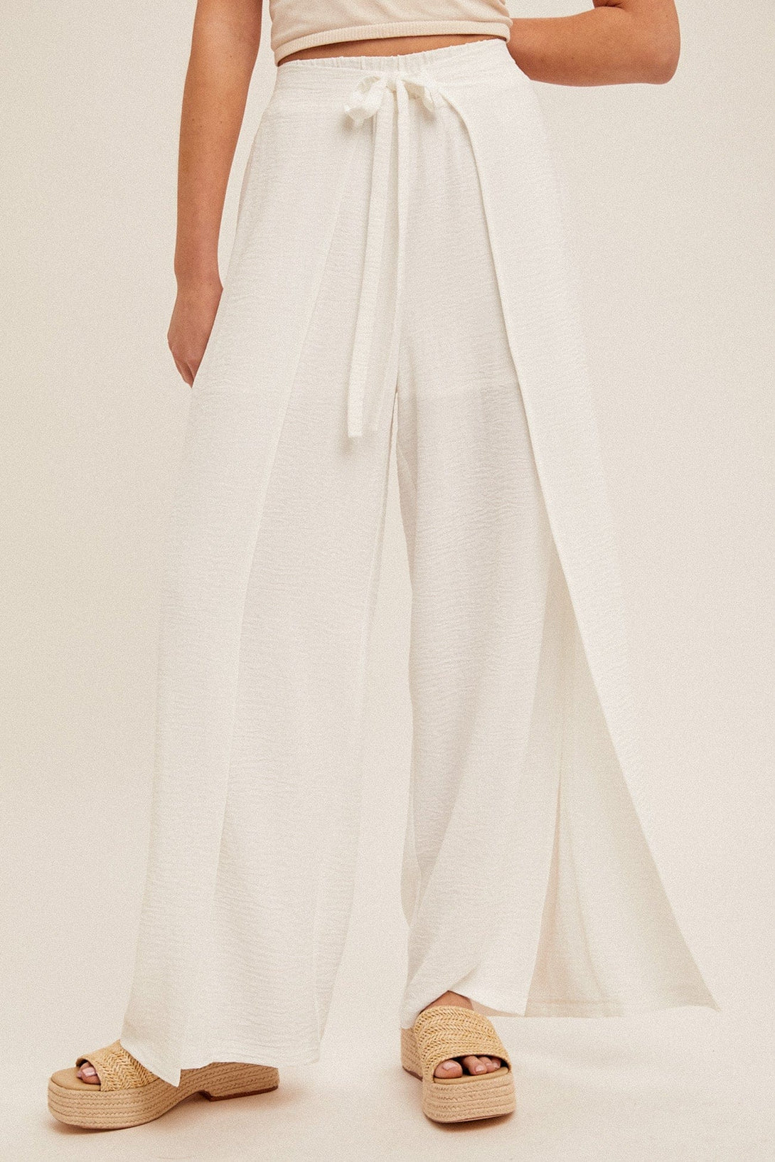 Hem & Thread Overlapping Wrap Front Self-Tie and Elastic Waist Wide Leg Pants